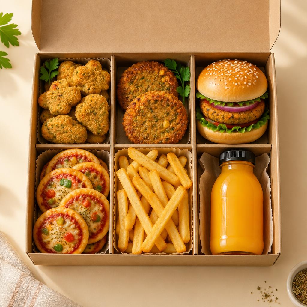 An open BentoKart Bento Box with nuggets, cutlets, a mini burger, coin pizzas, fries and juice