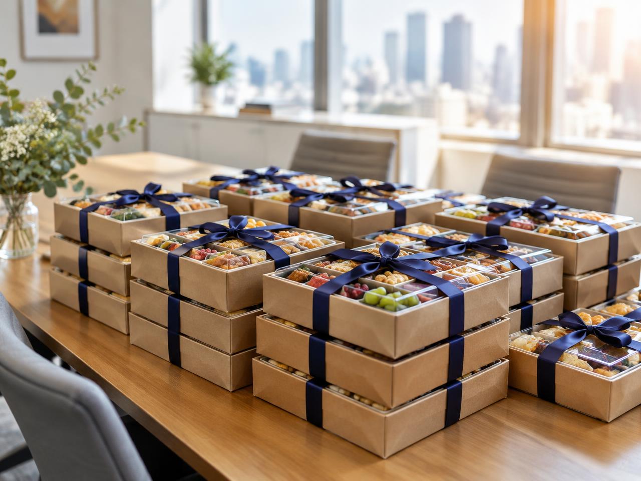 Stacks of snack boxes ready for an office celebration